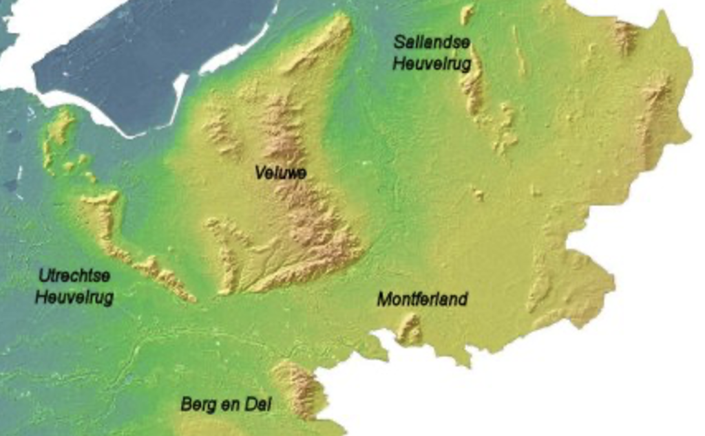 Hoogtekaart van de Veluwe, omhoog gedrukt door de gletsjers